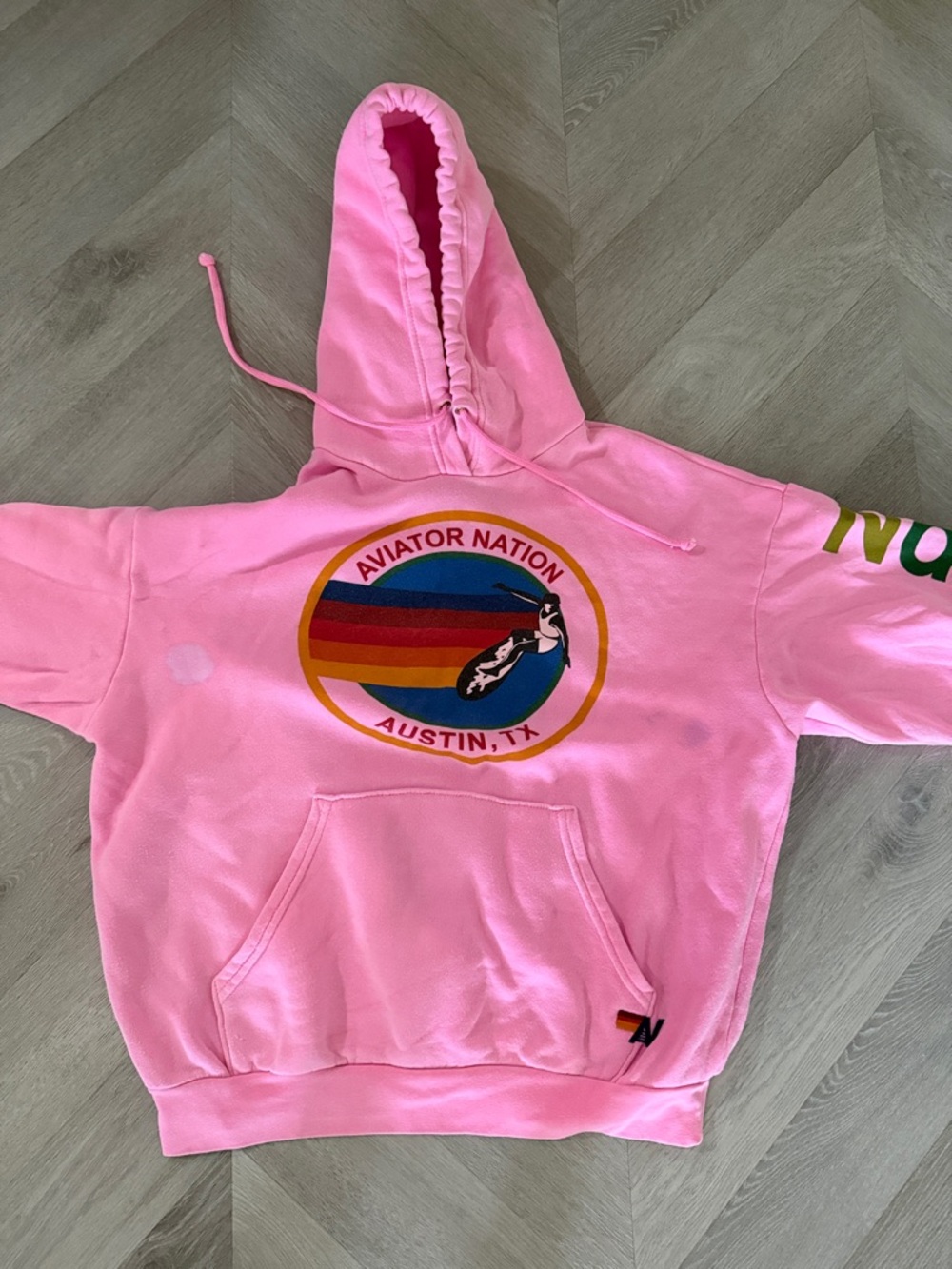 Aviator Nation Pink Hoodie with Rainbow Retro Logo